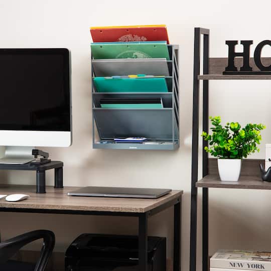 Mind Reader 5-Tier Vertical File Storage, Desktop Organizer, Wall Mount, Office, Plastic, Gray